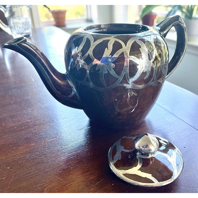 Art Nouveau Mid 20th Century Brown Glazed Porcelain Teapot, Sugar Bowl & Creamer Set With Silver Overlay in Art Nouveau Design- 3 Pieces For Sale - Image 3 of 10