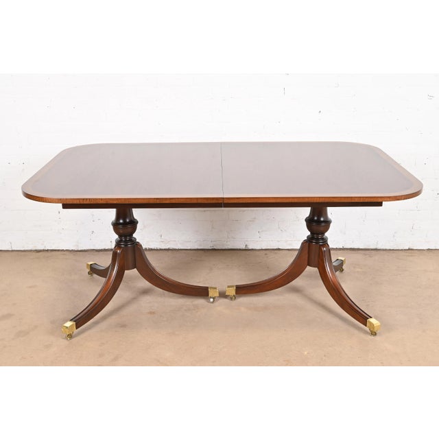 Baker Furniture Style Georgian Banded Mahogany Double Pedestal Extension Dining Table, Newly Refinished For Sale - Image 10 of 12