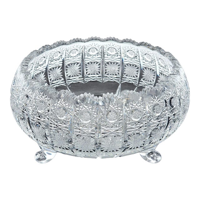 Mid 20th Century Bohemian Queen Anne’s Lace Cut Crystal Footed Bowl, 24% Lead Glass, Sawtooth Rim For Sale
