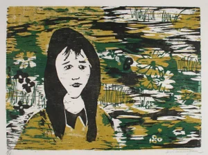 Portrait of a Woman With Flowers 1960-70s Gold and Green Woodcut