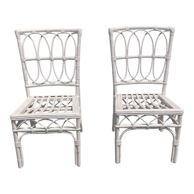 Ficks Reed White Rattan Side Chairs - A Pair For Sale