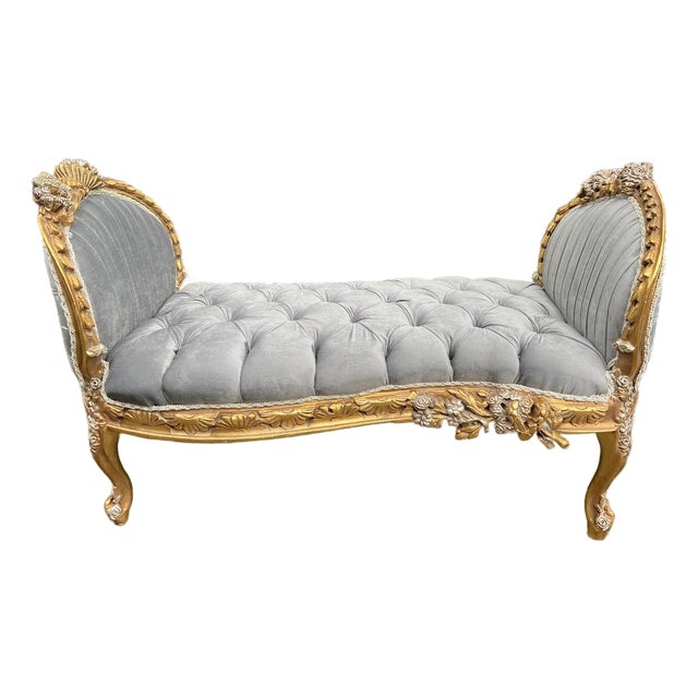 Late20C French Louis XVI Gold Gray Velvet Settee-1Pc For Sale