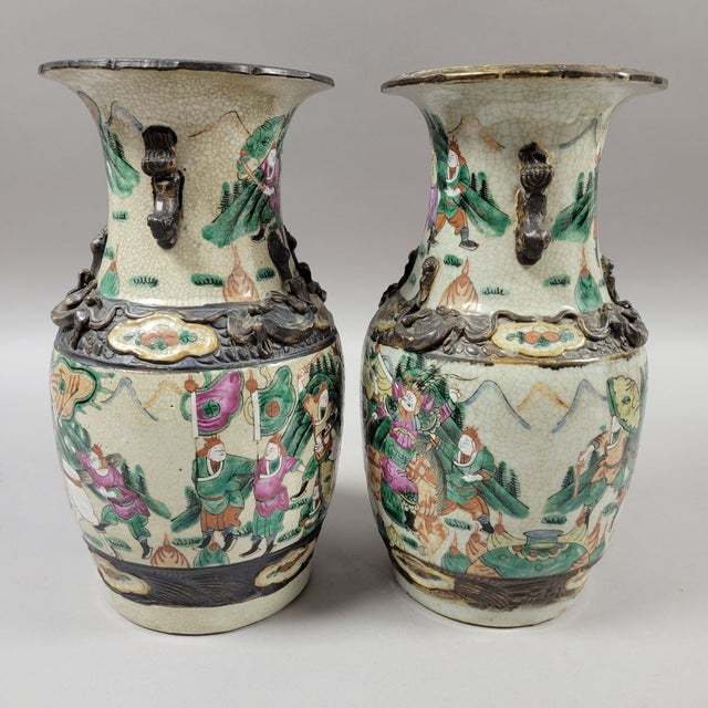 Pair of Antique Chinese Crackle Glaze Nanking Vases With Dragons For Sale - Image 4 of 8