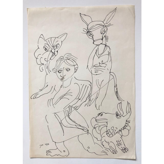 Moshe Avni, Vintage Israeli Bezalel School Drawing Surrealist Boy with Animals Kibbutz Life, c.1960's For Sale In Miami - Image 6 of 6