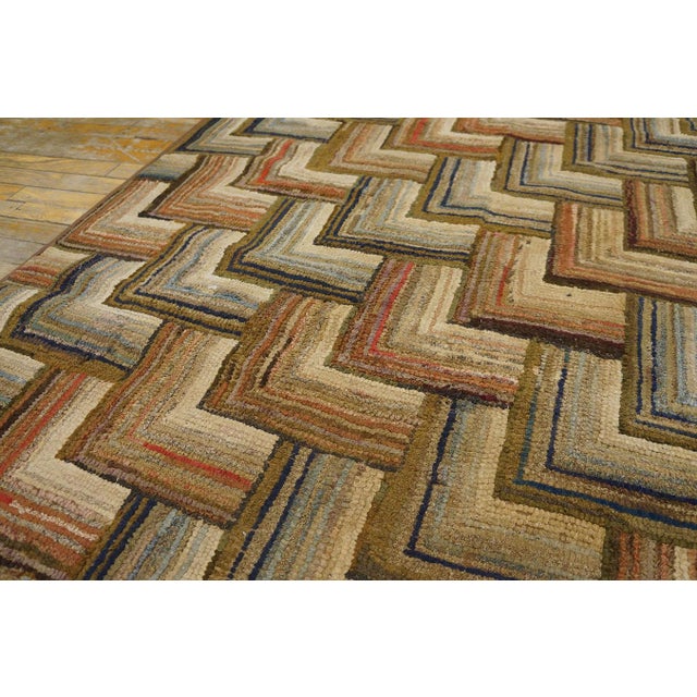 American 1890s Multicolor Geometric Folk Art Antique American Hooked Rug 4'3" X 7'2" Handknotted Wool Carpet For Sale - Image 3 of 6
