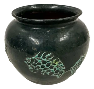 Vintage Decorative Pottery Fish Jar With Dark Green Glaze