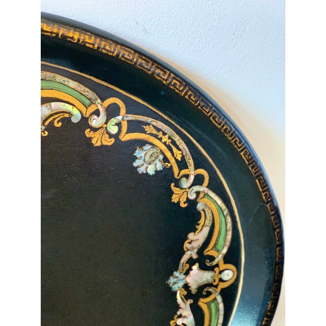 Late 19th Century 19th Century Black Paper Mache VictorianTray With Mother of Pearl Inlay For Sale - Image 5 of 7