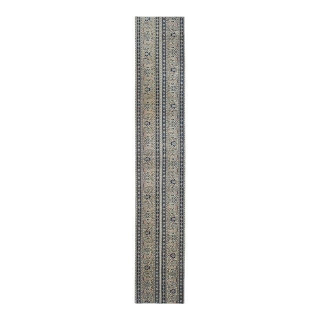 1970s Vintage Handwoven Turkish Runner - Muted Cream & Navy Blue Rug For Sale