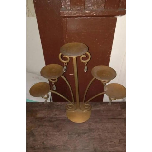Spanish Revival Style Sculptural Gilded Woodland Antiquity Chandelier Candelabra Stand Gold Tone Metal Elegant Prisms Narrow Soft Canopy Candle Light For Sale - Image 4 of 10