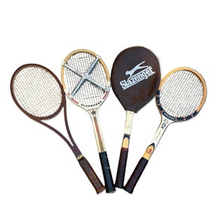 Vintage Collection of Spalding and Slazenger Wooden Tennis Rackets With Clamp For Sale
