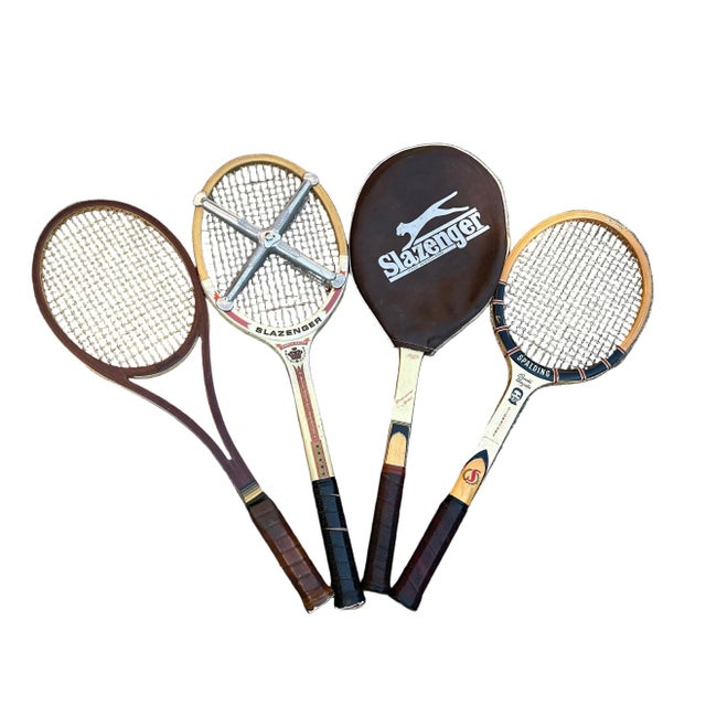 Vintage Collection of Spalding and Slazenger Wooden Tennis Rackets With Clamp For Sale