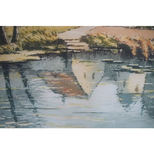 White Vintage German Hand Signed Colored Etching European Cottage River Landscape 18" For Sale - Image 8 of 12