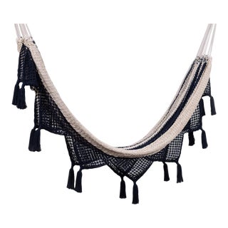 Handmade Colonial Navy Blue Cotton Hammock with Tassels For Sale