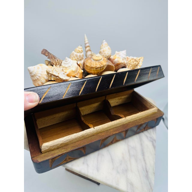 Vintage Carved Wooden Box With Shells For Sale - Image 4 of 11