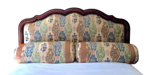 Queen Size Headboard Upholstered With Paisley Fabric With Mahogany Frame and Matching Bolsters