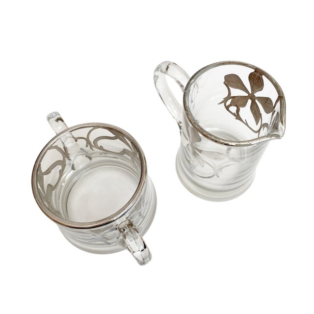 1950s Vintage Art Nouveau Silver Overlay Creamer and Sugar Bowl Set For Sale - Image 5 of 6