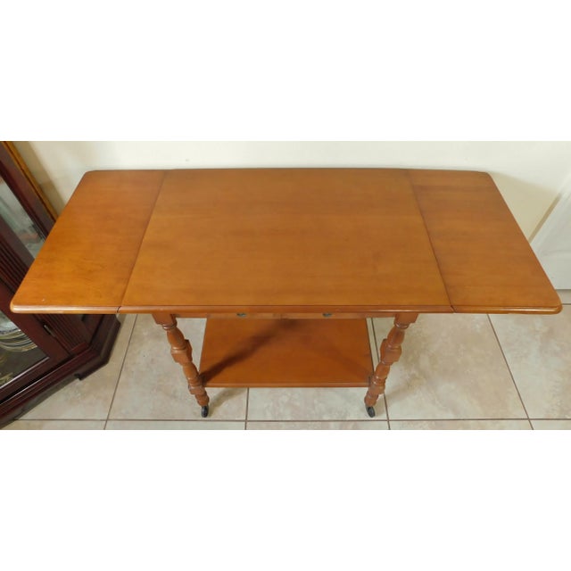 Mid 20th Century Vintage Midcentury Solid Oak Wood Drop Leaf Rolling Table Server Cart W/ Drawer For Sale - Image 5 of 13