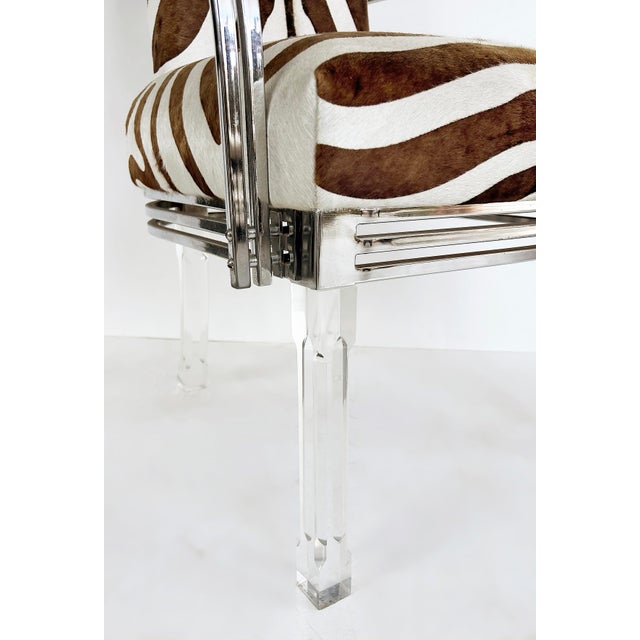 Brown Vintage Lucite, Chrome Armchairs Upholstered in Zebra Cowhide, Pair For Sale - Image 8 of 16