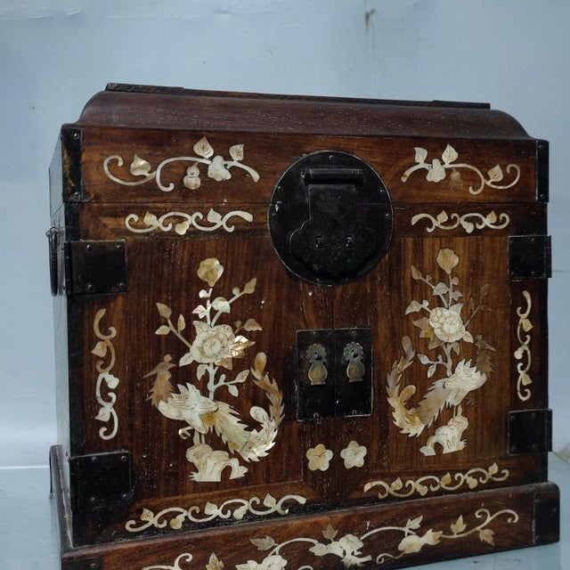 Art Deco Antique Huanghuali Wood Official's Chest With Mother-of-Pearl Inlay (Phoenix & Floral Motif) For Sale - Image 3 of 9