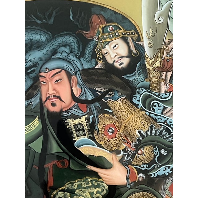 1950s General Guan Yu and Retainers, Mid Century Chinese Reverse Painting on Glass, Rosewood Frame For Sale - Image 5 of 12