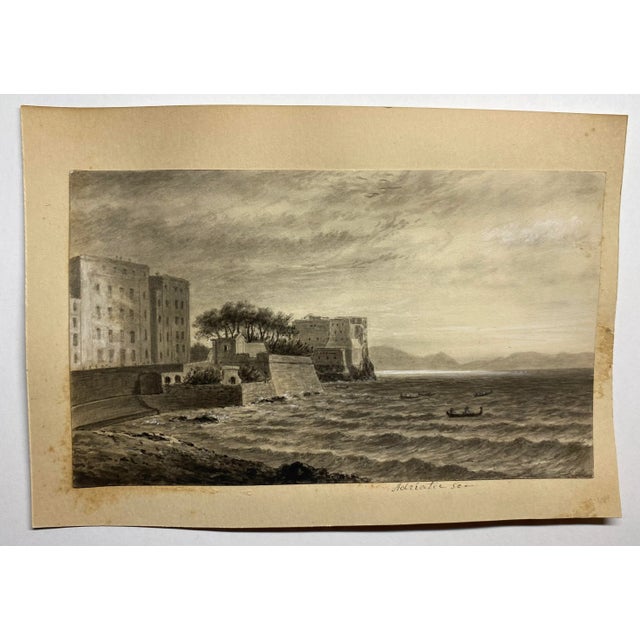 Antique drawing of a castle along the Adriatic Sea, probably on the Italian side. Inscribed lower right. Combined shipping...
