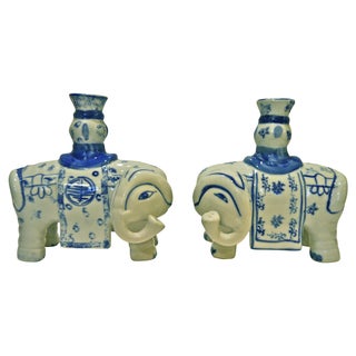 Blue & White Elephant Candleholders - A Pair For Sale