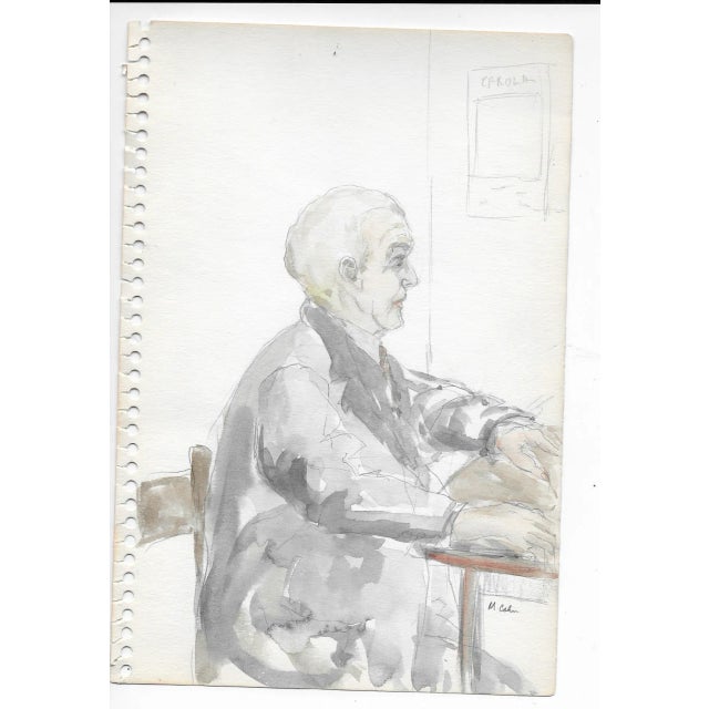 Watercolor by New York artist Myriam Cahn (1933-2018) of a man, inscribed on the back "Has - been but still proud."...