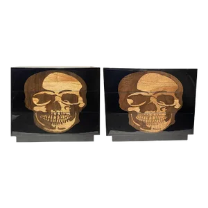 Pair of Early 21st C. Black Chest of Drawers With Inlaid Skull Design and Resin Finish