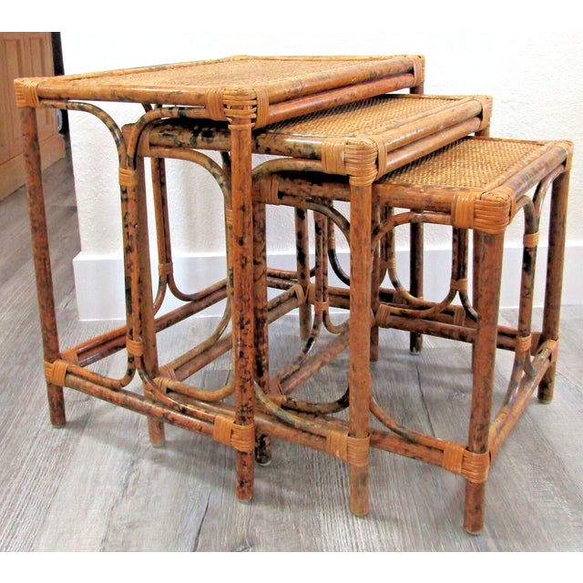 1960s A Trio of Vintage Rattan Nesting Tables in the Style of Ficks