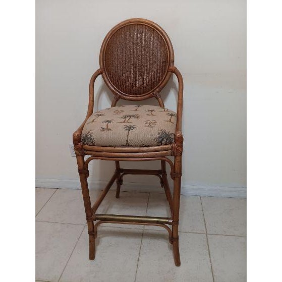 1990s Tommy Bahama Style Barstool Not Swivel Palm Fabric Upholstered Seat Set of 2 For Sale - Image 11 of 11