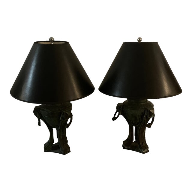 Late 20th Century Lang Levin Studios Antique Green Metal Urn Form Table Lamp Set With Shades - a Pair For Sale