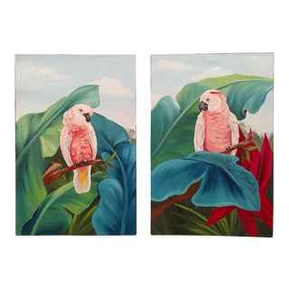 Late 20th Century Vintage Self Framed on Canvas Paintings of Parrots & Palm Leaves - a Pair For Sale
