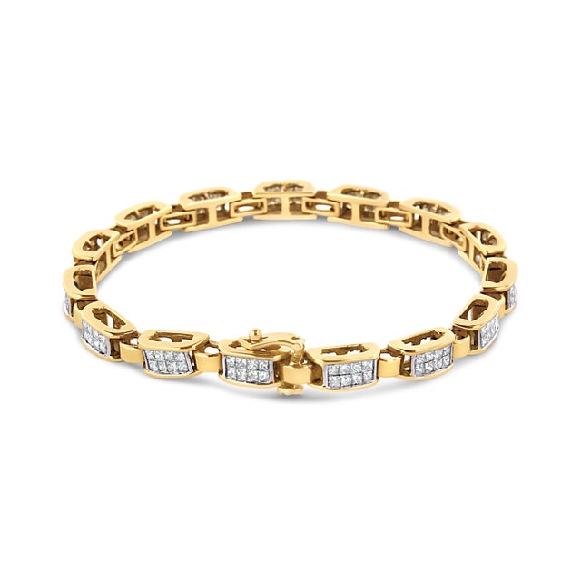 This geometric pattern link bracelet is a timeless piece. Small yellow gold bands link with larger bands inlaid with eight...
