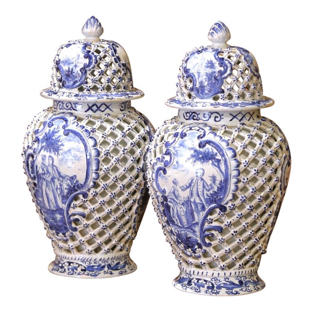 Pair of 19th Century French Blue and White Desvres Lidded Vases in Delft Style For Sale
