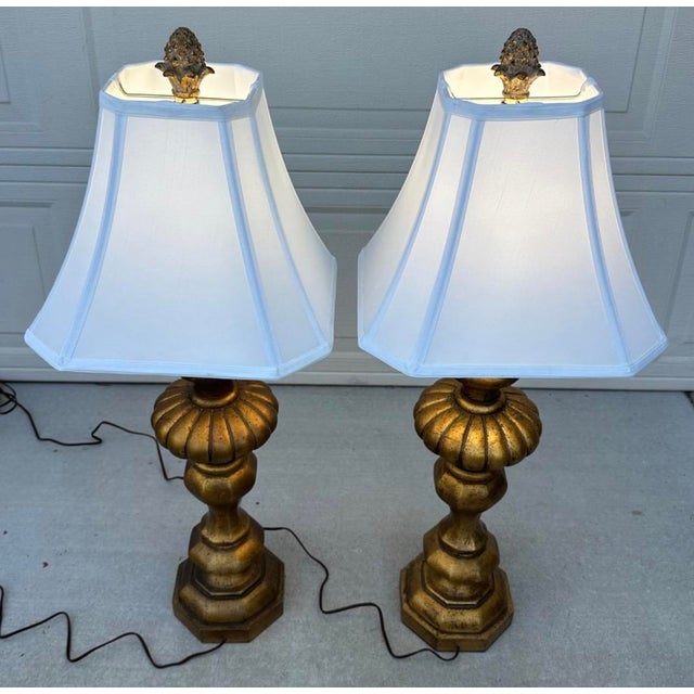 Pair of Monumental 1920s Italian Carved Giltwood Pineapple Table Lamps - 36" Tall Hollywood Regency For Sale - Image 17 of 18