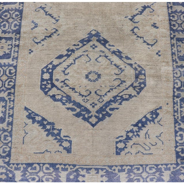 Turkish Oushak Gallery Rug in Blue and Cream With Geometric Design 4'6 X 12'6 For Sale - Image 10 of 12