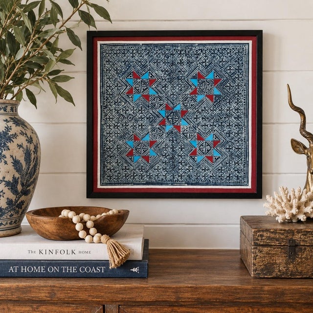 Vintage Indigo Boho Textile Wall Art | Framed Geometric Textile | Red & Turquoise For Sale - Image 11 of 11
