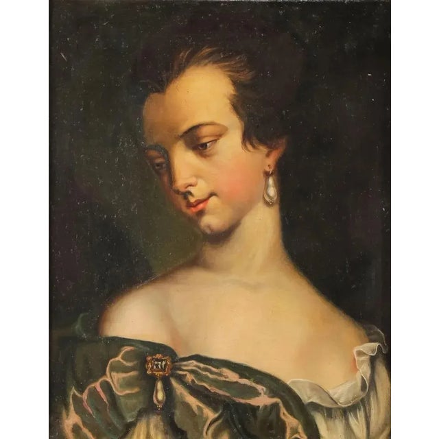 18th century oil on canvas continental portrait painting of woman wearing a pearl earring. Unsigned. Displayed in...