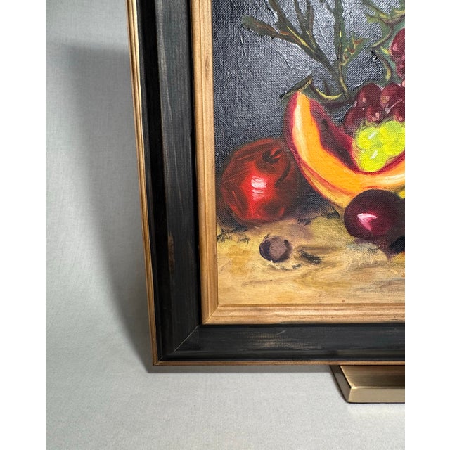 Mid Century Fruit Still Life Realism Framed Original Oil Painting on Canvas, Black, Gold, Orange, Chartreuse For Sale - Image 10 of 12