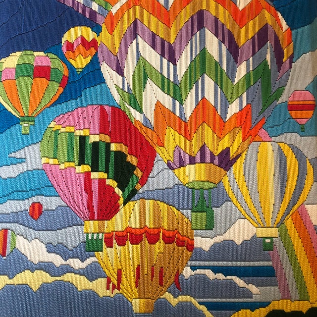 Hand done needlepoint 16 x 20 overall size with vintage original white lacquer frame is 18 x 22