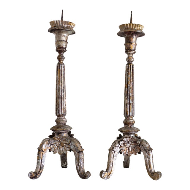 Silvered Giltwood Italian Baroque Altar Prickets Candle Stands 18th Century For Sale