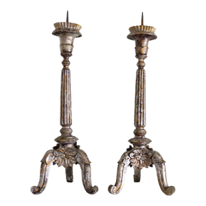 Silvered Giltwood Italian Baroque Altar Prickets Candle Stands 18th Century