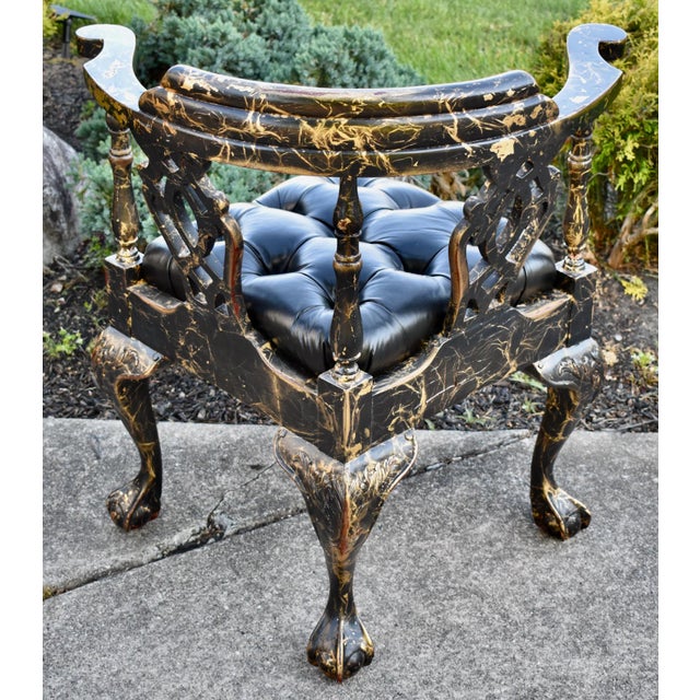 Vtg. Corner Chair Black Lacquer Gilt Chippendale Roundabout For Sale - Image 10 of 16