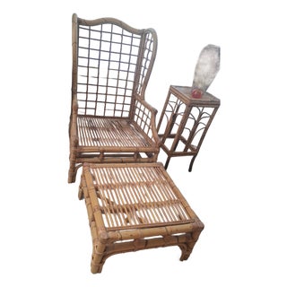 1950s Chippendale Rattan Wing Chair and Ottoman For Sale