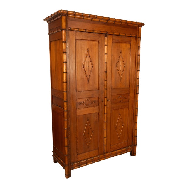 Antique 19th Century French Faux Bamboo Pine Armoire Wardrobe Cupboard 1880 For Sale