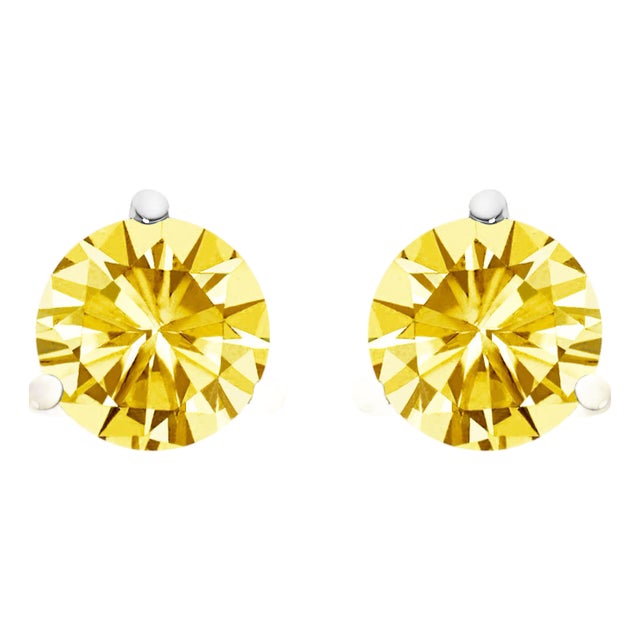 14K White Gold 3-Prong Martini Set 1 1/2 Cttw Yellow Lab Grown Diamond Solitaire Stud Earrings For Sale