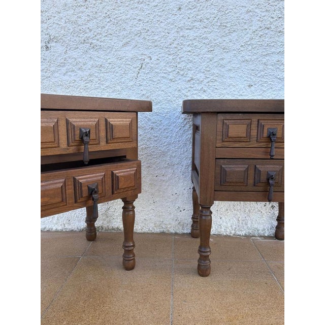 Brown Mid-Century Spanish Rustic Wood Bedside Tables, 1940s, Set of 2 For Sale - Image 8 of 12