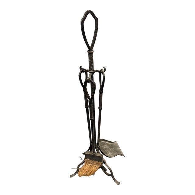 Wrought Iron Fireplace Tool Set – Vintage Stand With Shovel, Poker & Broom For Sale