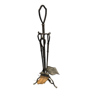 Wrought Iron Fireplace Tool Set – Vintage Stand With Shovel, Poker & Broom