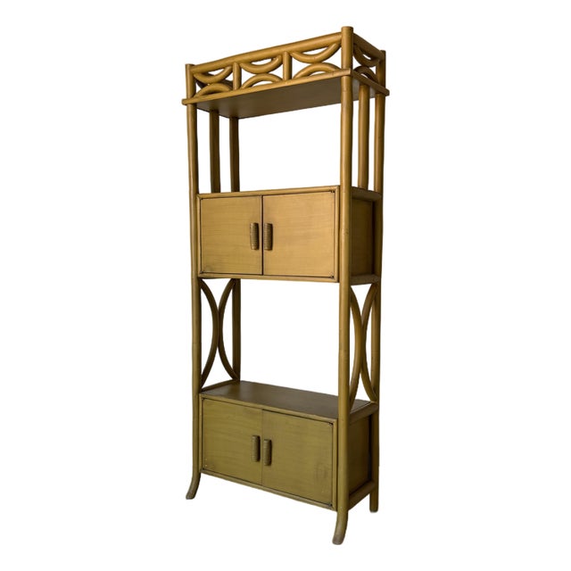 Vintage Mustard Yellow Bent Rattan Bookcase Cabinet For Sale